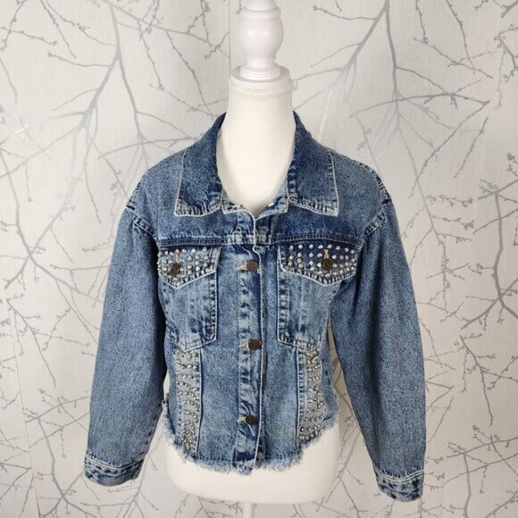 Kiwi K Acid Wash Pearl Studded Distressed Denim Jacket - Picture 1 of 6